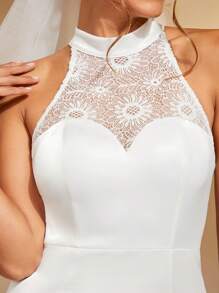 SHEIN Belle 1 Miếng Ren tương phản Halter Neck Không lưng Váy dự tiệc Không có mạng che mặt - trắng - Xem 8