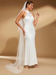 SHEIN Belle 1 Miếng Ren tương phản Halter Neck Không lưng Váy dự tiệc Không có mạng che mặt - trắng - Xem 9