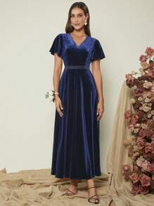 SHEIN Belle Vestido de manga con volante con diseño de diamante de imitación de terciopelo - Azul Marino - Ver 7