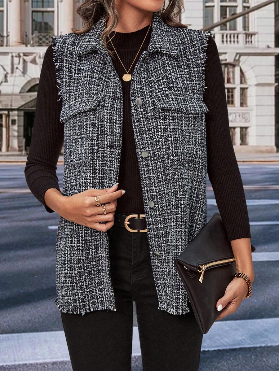 SHEIN LUNE Hoa văn kẻ sọc Xén Thô Chi tiết về Flap Áo khoác vest - Đen và trắng - Xem 1
