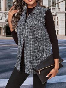 SHEIN LUNE Hoa văn kẻ sọc Xén Thô Chi tiết về Flap Áo khoác vest - Đen và trắng - Xem 4