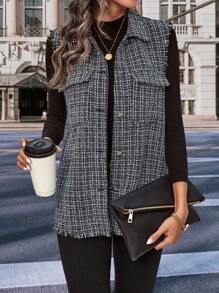 SHEIN LUNE Hoa văn kẻ sọc Xén Thô Chi tiết về Flap Áo khoác vest - Đen và trắng - Xem 5