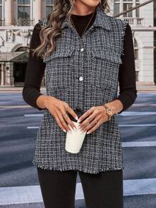 SHEIN LUNE Hoa văn kẻ sọc Xén Thô Chi tiết về Flap Áo khoác vest - Đen và trắng - Xem 6