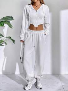 SHEIN EZwear 拉鏈開襟不對稱下擺抽繩連帽短款運動衫 - 白色 - 查看 3