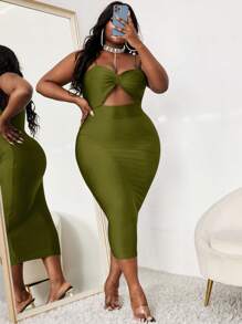 Slaydiva Plus Cut Out Ruched Front Cami Bodycon Dress - Olive Green - View 1