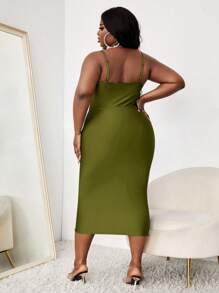 Slaydiva Plus Cut Out Ruched Front Cami Bodycon Dress - Olive Green - View 2