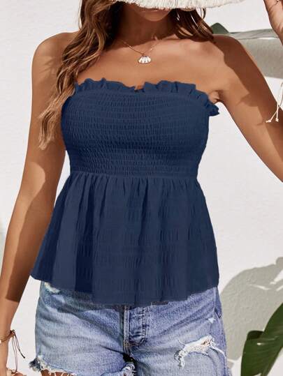 SHEIN Frenchy Women Summer Simple Holiday Leisure Frill Edge Decoration Strapless Top Blue Vacation Resort
