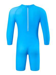 男小童卡通圖案後拉鍊連體泳衣 - 藍色 - 查看 2