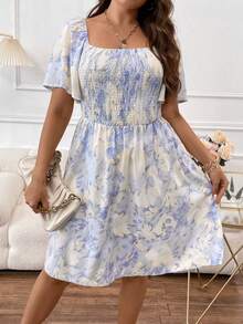 SHEIN Clasi Plus Floral Print Square Neck Butterfly Sleeve Dress - Multicolor - View 4