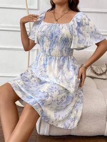 SHEIN Clasi Plus Floral Print Square Neck Butterfly Sleeve Dress - Multicolor - View 5