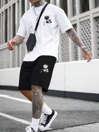 Guys Floral Print Tee & Drawstring Waist Shorts