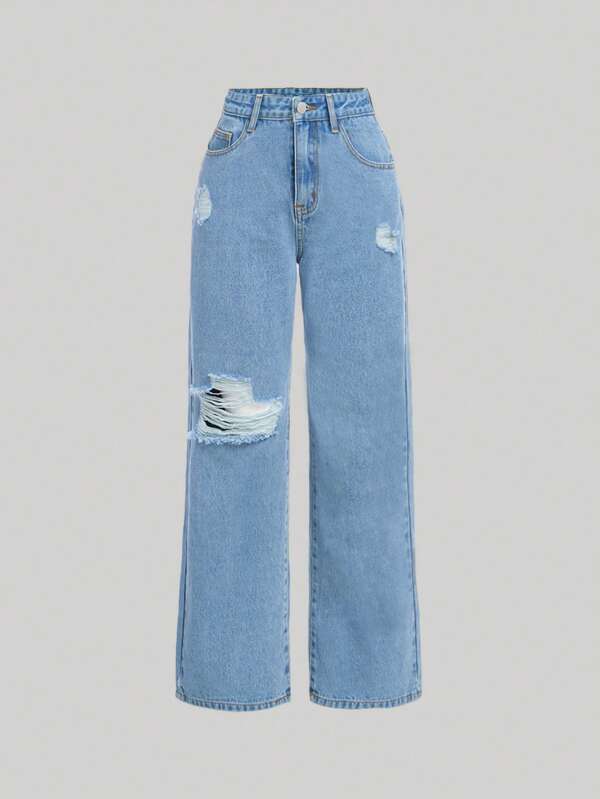 SHEIN Girlism Teen Girl Ripped Wide Leg Jeans
