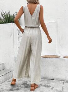 SHEIN Frenchy Bộ đồ liền thân ống rộng rộng rãi, màu trơn, thắt eo, phong cách nghỉ dưỡng mùa hè dành cho nữ - Màu be - Xem 2