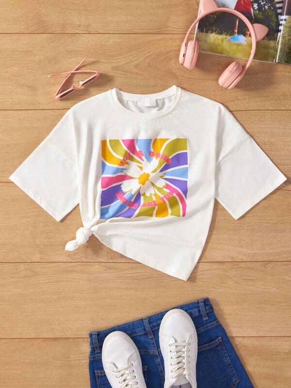 RueChic Tricou pentru fete Tween cu imprimeu floral