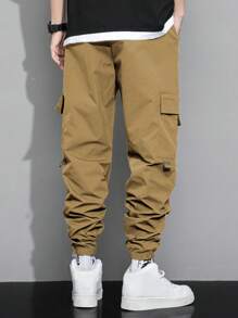 Manfinity Hypemode Pantalones De Carga Sueltos Para Hombres Con Estampado De Expresión, Bolsillos De Solapa Y Cintura Con Cordón