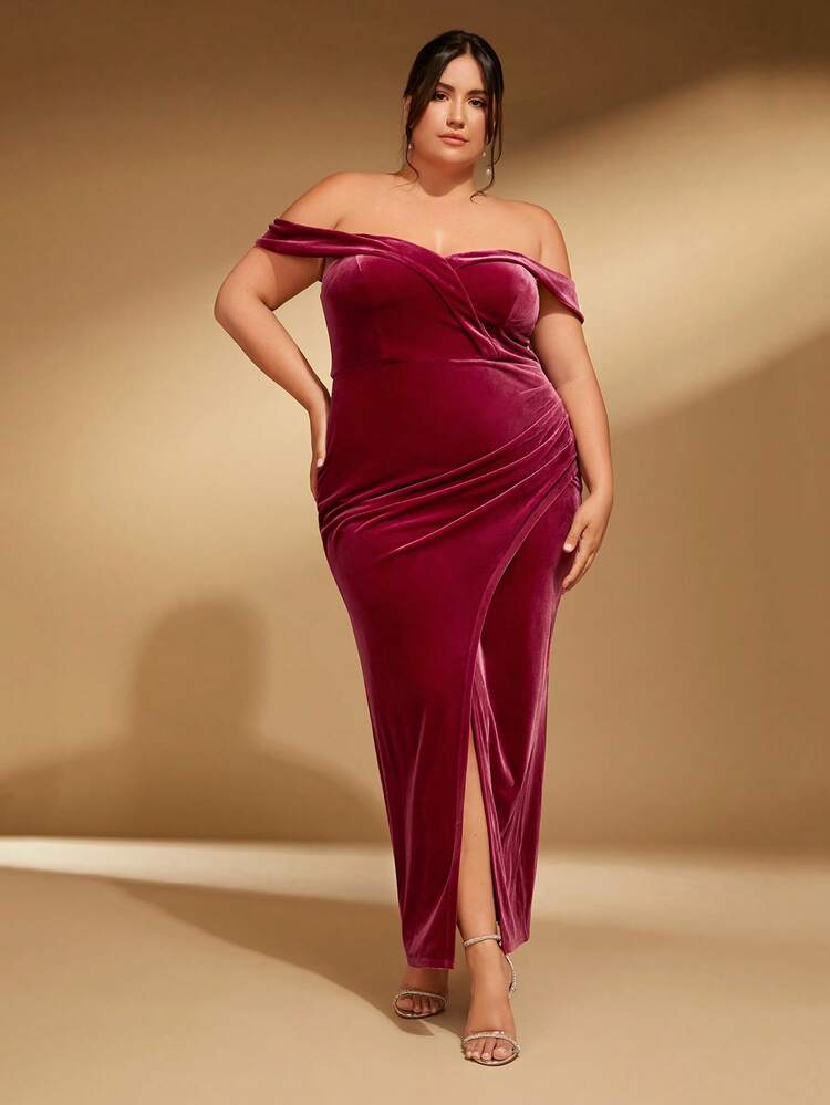 Burgundy Red Plus Off Shoulder Wrap Hem Velvet Bridesmaid Dress Formal Dresses Curve