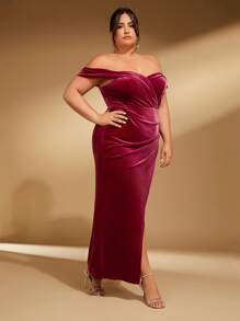 SHEIN Belle Burgundy Red Plus Off Shoulder Wrap Hem Velvet Bridesmaid Dress Formal Dresses Curve - Burgundy - View 6