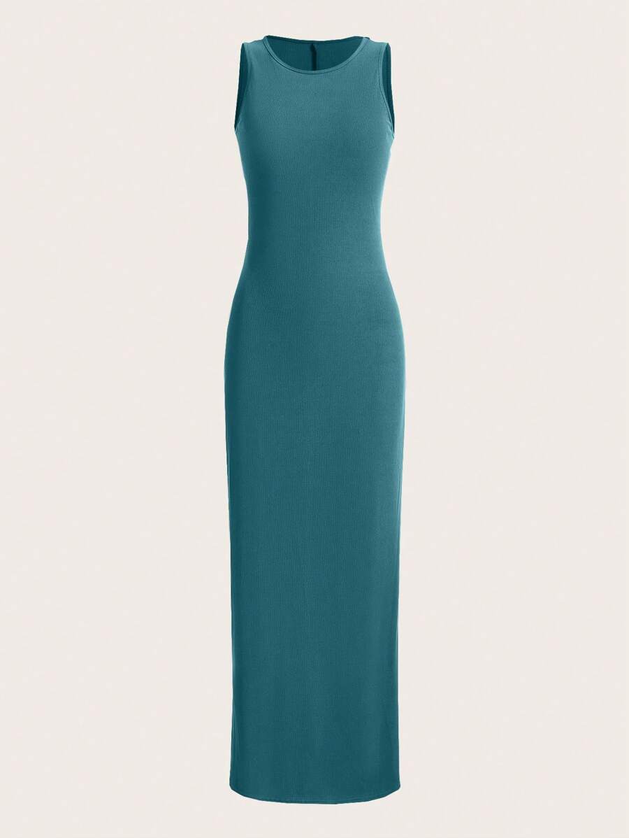 SHEIN Solid Ribbed Knit Lounge Dress - Olive Green - View 1