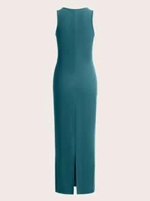 SHEIN Solid Ribbed Knit Lounge Dress - Olive Green - View 2