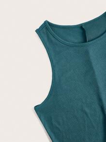 SHEIN Solid Ribbed Knit Lounge Dress - Olive Green - View 4