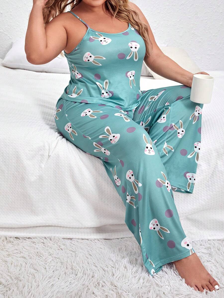 Plus Cartoon Graphic Cami Top & Trousers PJ Set - Green - View 1