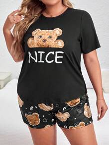 Conjunto de pijama con gráfico de oso y letra talla grande - Negro - Ver 5