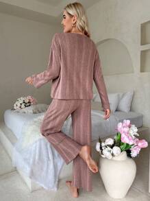 落肩T恤和褲子休閒服套裝 - 藕粉色 - 查看 2