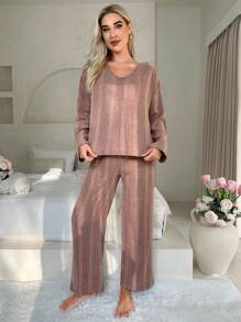 落肩T恤和褲子休閒服套裝 - 藕粉色 - 查看 4