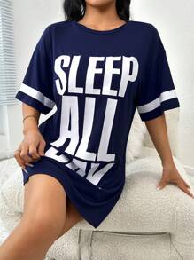 Slogan Graphic Drop Shoulder Pajama Nightdress - Navy Blue - View 3