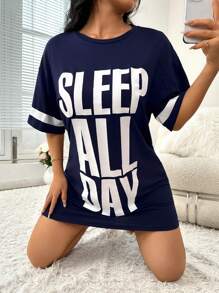 Slogan Graphic Drop Shoulder Pajama Nightdress - Navy Blue - View 5
