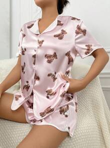 小熊印花撞色滾邊緞面睡衣套裝 - 粉色 - 查看 3