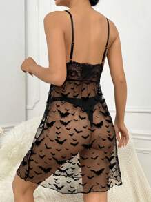 Slips con estampado de murciélago con encaje en contraste de malla sin tanga - Negro - Ver 2