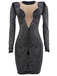 深V領水鑽細節緊身洋裝 - 黑色 - 查看 3