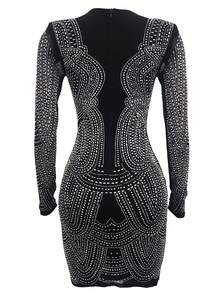 深V領水鑽細節緊身洋裝 - 黑色 - 查看 4