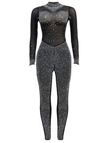Fashion Women's Solid Color Mesh Sparkling Rhinestone Long Sleeve Pants Jumpsuit Festival Graduation Dress - Black - View 5