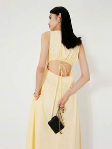 Sólido Gola V Gravata Recorte De Volta Vestido