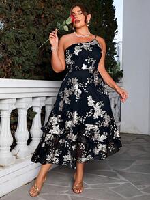 Glamaker Plus Floral Print One Shoulder Mesh Overlay Dress - Silver - View 5