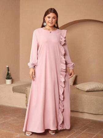 Plus Ruffle Trim Lantern Sleeve Dress