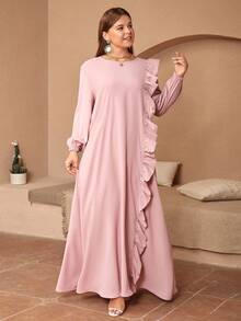 Plus Ruffle Trim Lantern Sleeve Dress - Pink - View 3