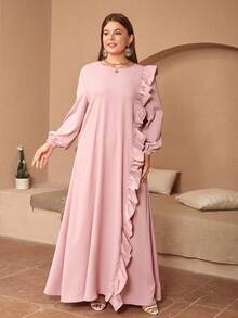 Plus Ruffle Trim Lantern Sleeve Dress - Pink - View 5