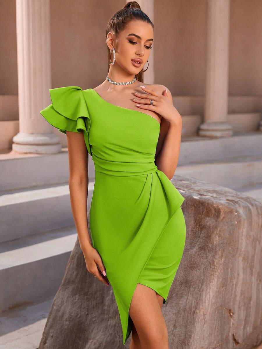 Vestido ajustado de un hombro ribete con fruncido fruncido bajo cruzado - Verde - Ver 1