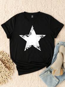 Flirla Plus Star Print Tee Graphic Tee, Women Summer Top - Black - View 1