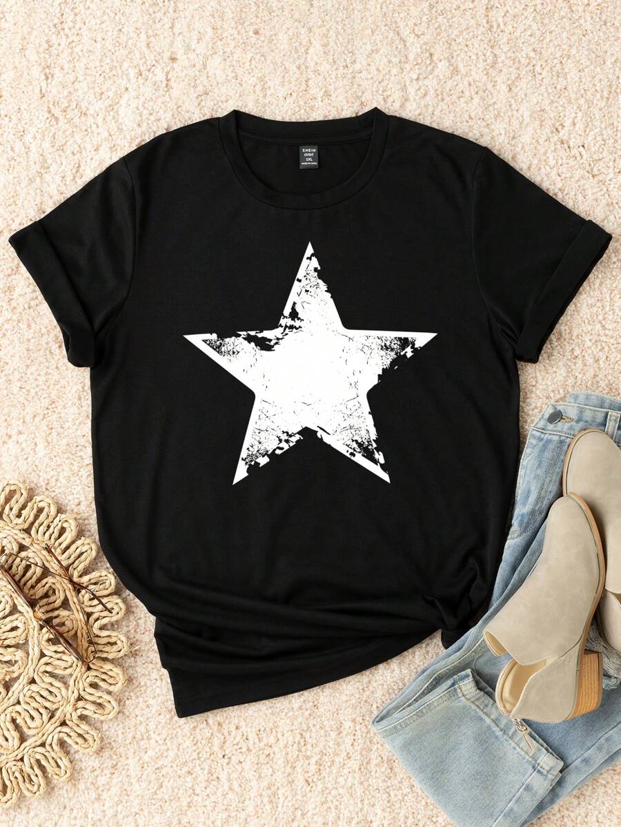 Flirla Plus Star Print Tee Graphic Tee, Women Summer Top - Black - View 1
