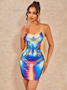 Vestido de tirantes ajustado con estampado de dibujo - Multicolor - Ver 1