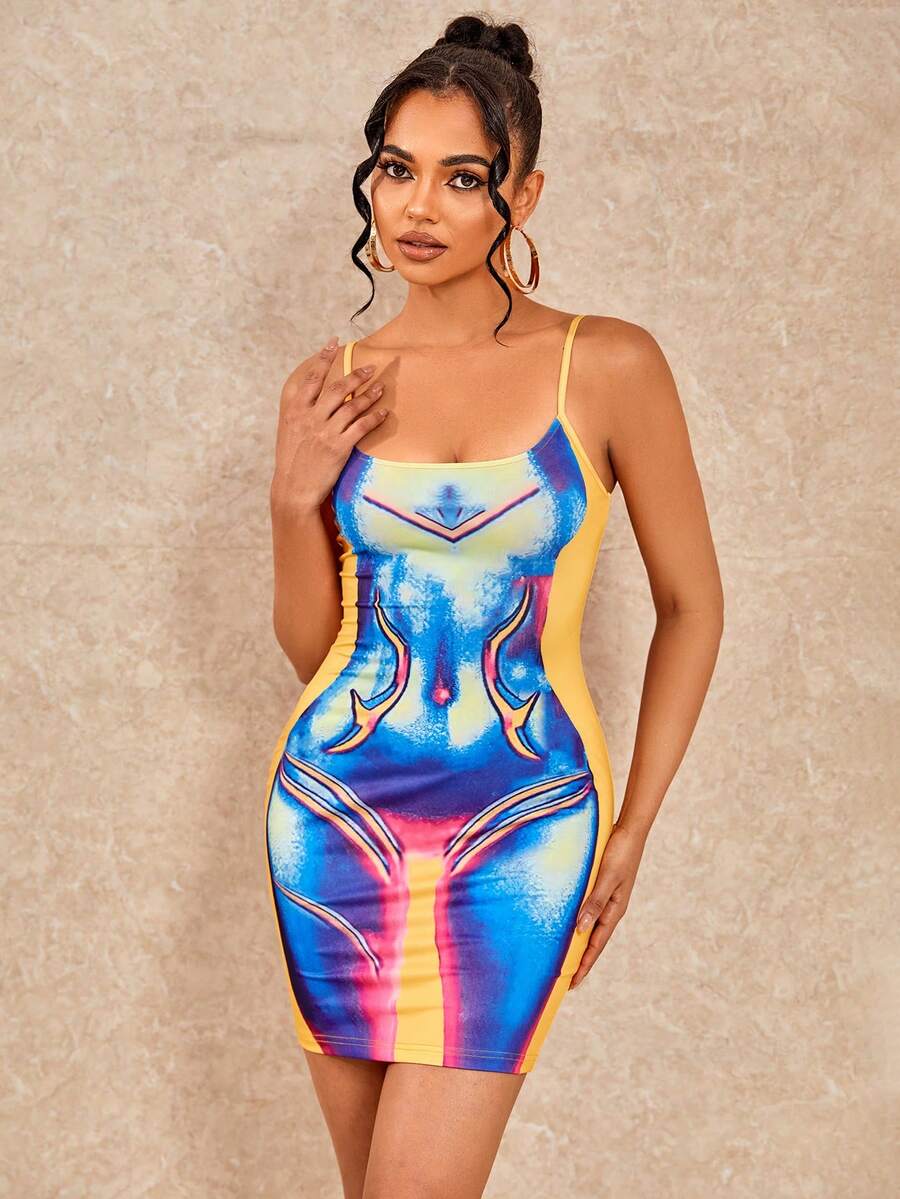 Vestido de tirantes ajustado con estampado de dibujo - Multicolor - Ver 1