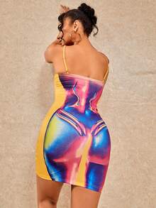 Vestido de tirantes ajustado con estampado de dibujo - Multicolor - Ver 2