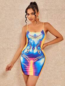 Vestido de tirantes ajustado con estampado de dibujo - Multicolor - Ver 3