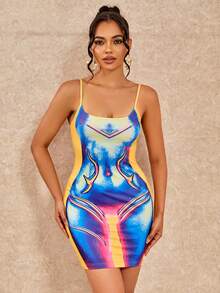 Vestido de tirantes ajustado con estampado de dibujo - Multicolor - Ver 5