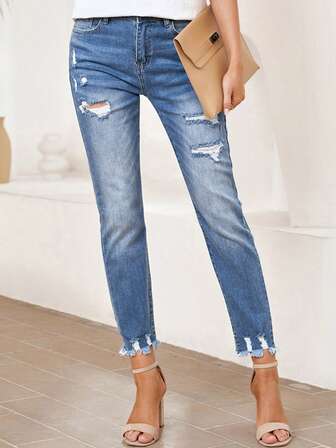 高腰破洞毛邊牛仔褲