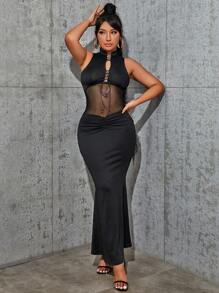 網紗拼接褶邊魚尾裙下擺連衣裙 - 黑色 - 查看 1